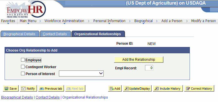 Add a Person Page - Organizational Relationships Page